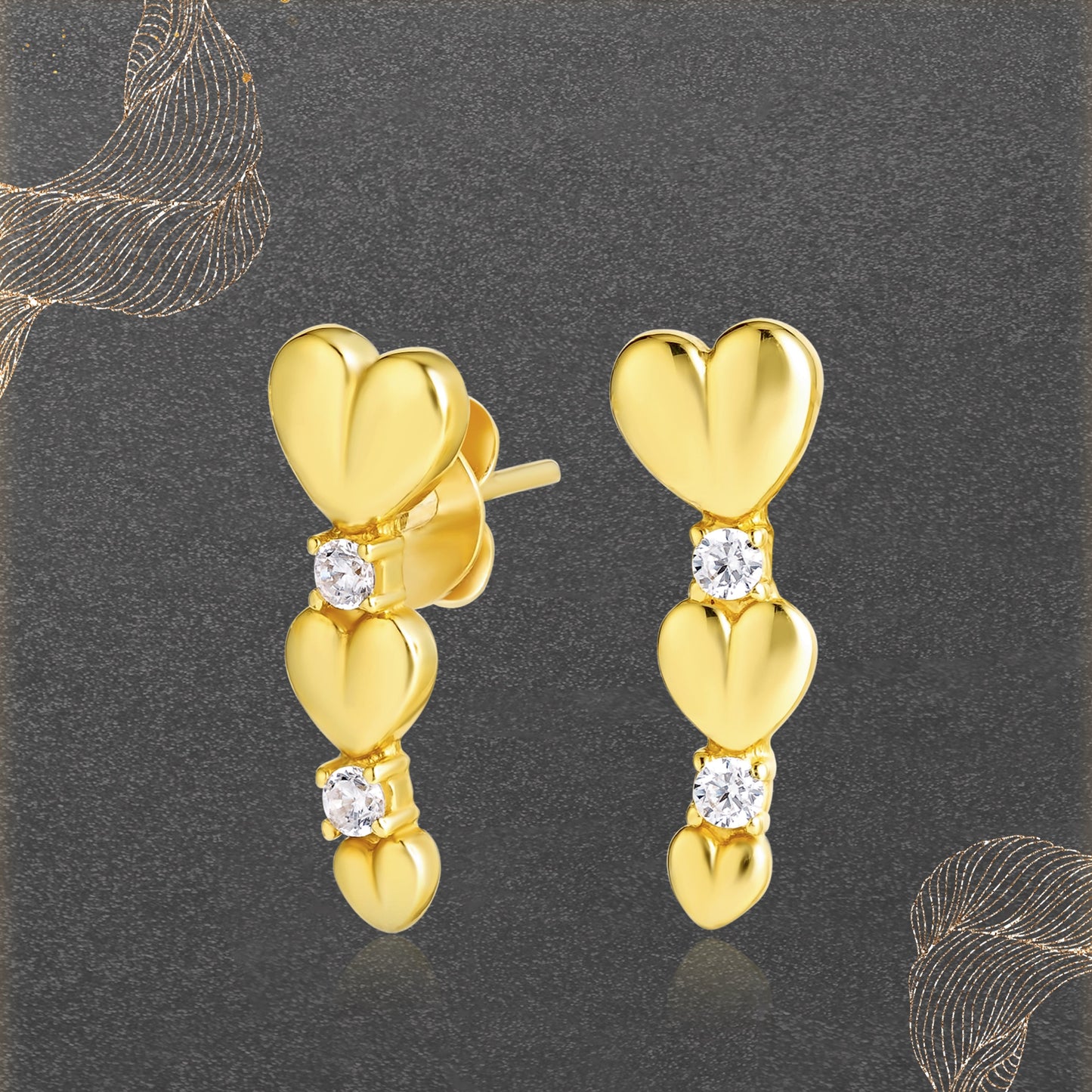 18K Pure Gold Heart Stone Earrings