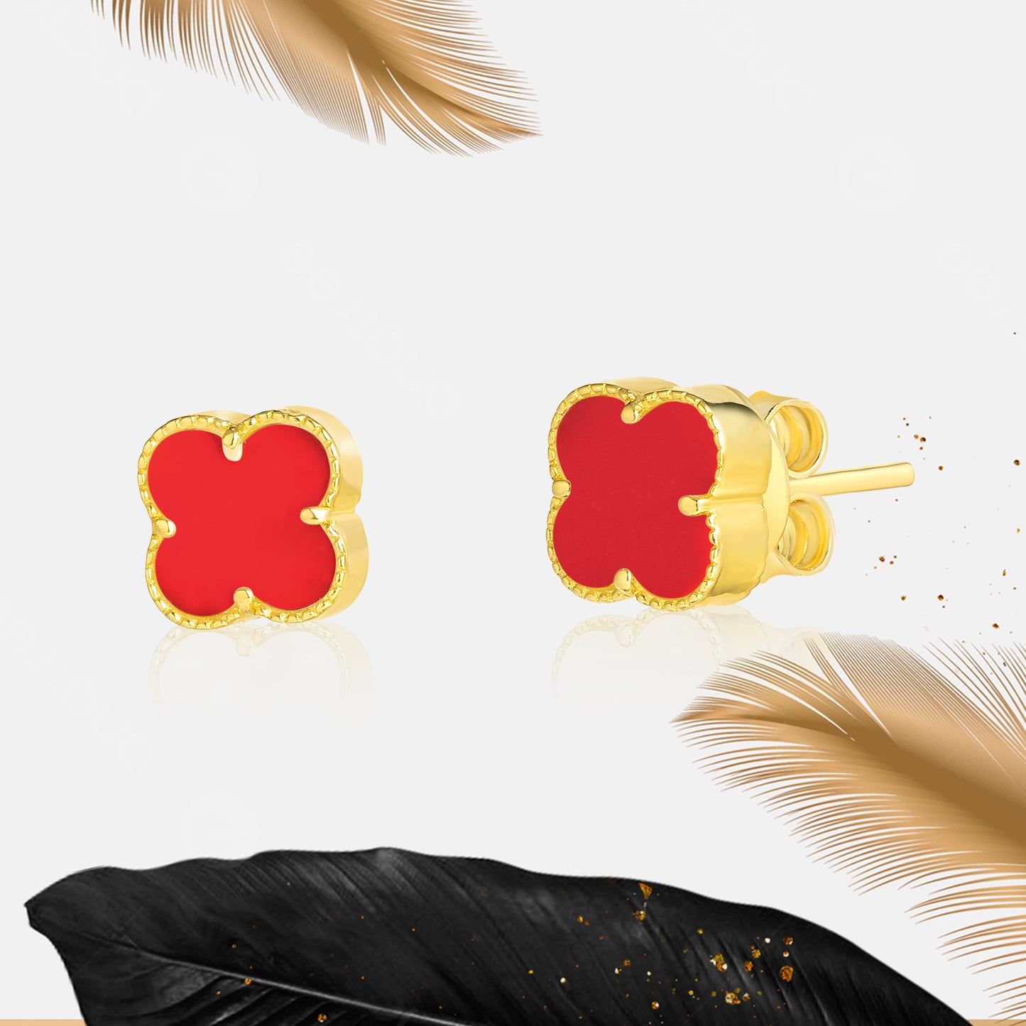 18K Pure Gold V.C Flower Red Earring Set