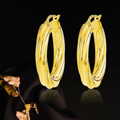 18K Pure Gold Twisted Round Loop Earrings