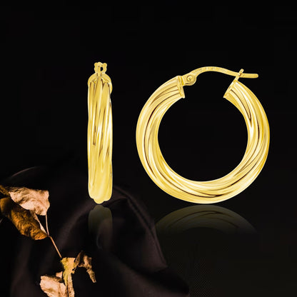 18K Pure Gold Twisted Round Loop Earrings