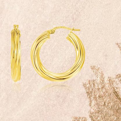 18K Pure Gold Twisted Round Loop Earrings