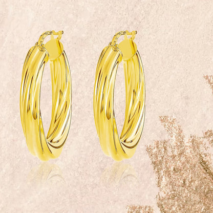 18K Pure Gold Twisted Round Loop Earrings