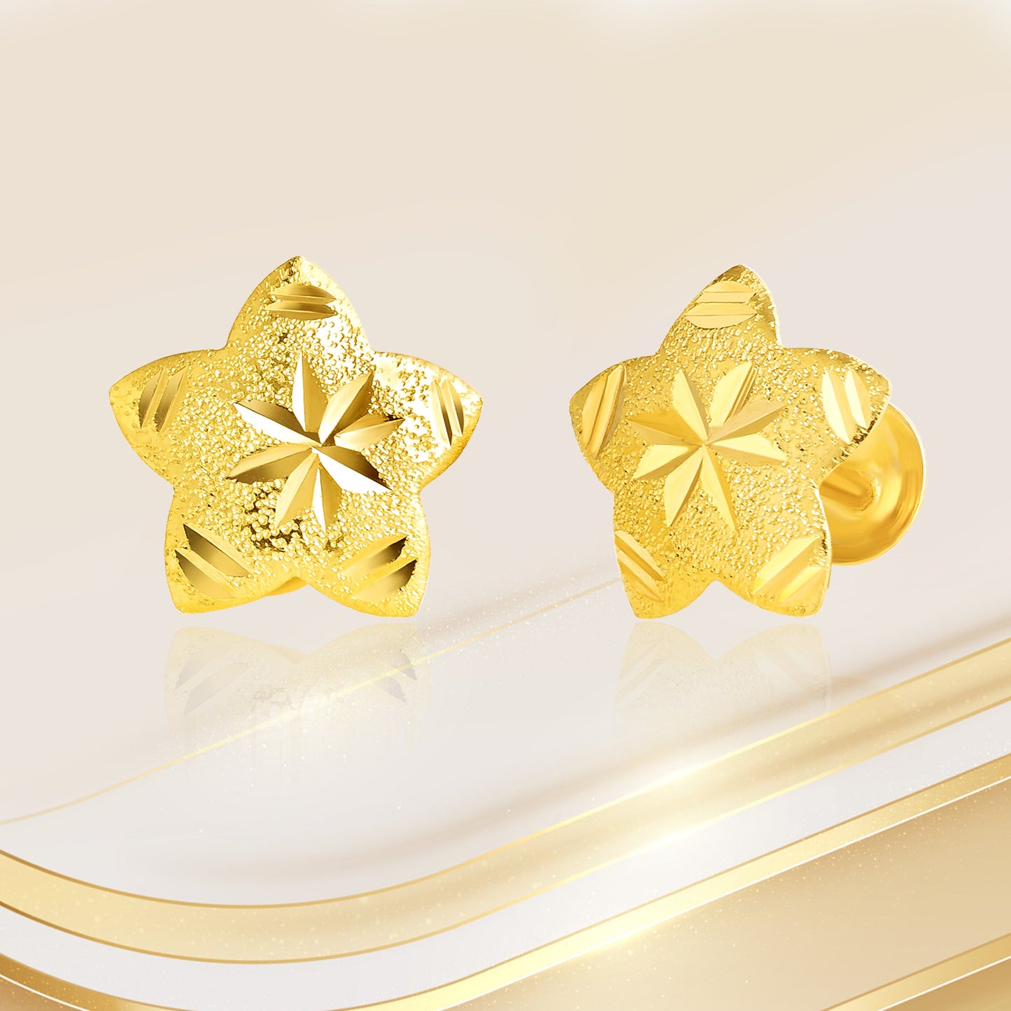 18K Pure Gold Fine Star Screw Earring Set