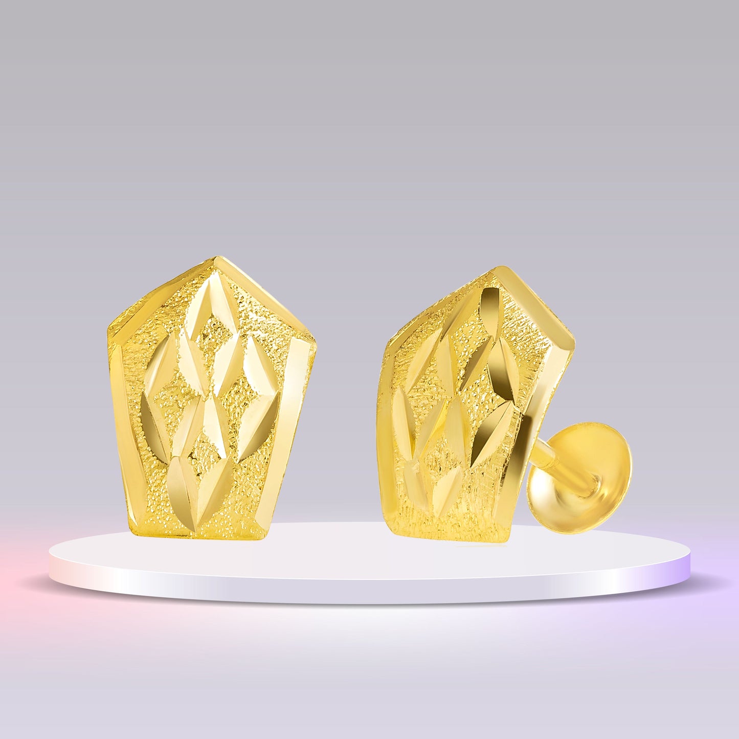 18K Pure Gold Shield Shape Screw Earring Set