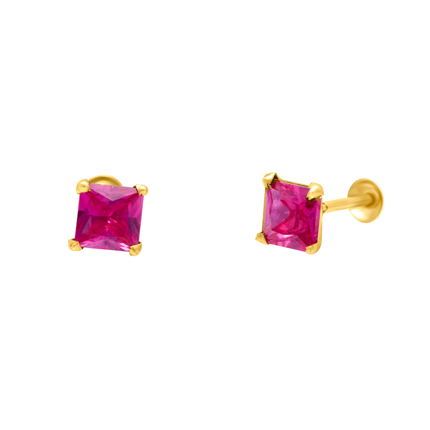 18K Pure Gold Pink Stone Screw Earring Set
