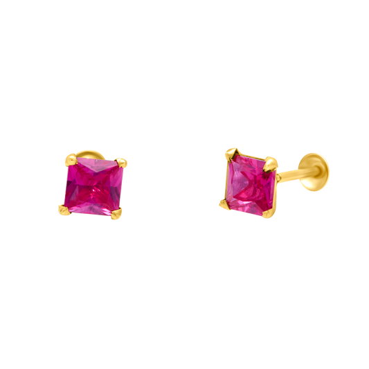 18K Pure Gold Pink Stone Screw Earring Set