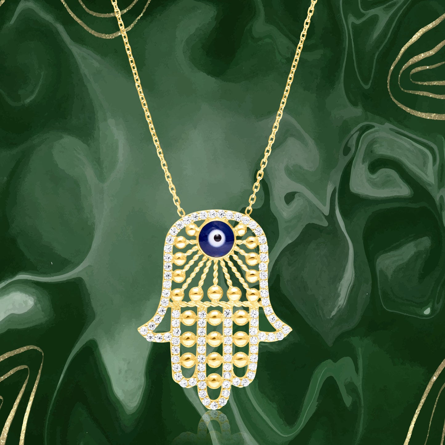 18K Pure Gold Palm Stone Evil Eye Necklace