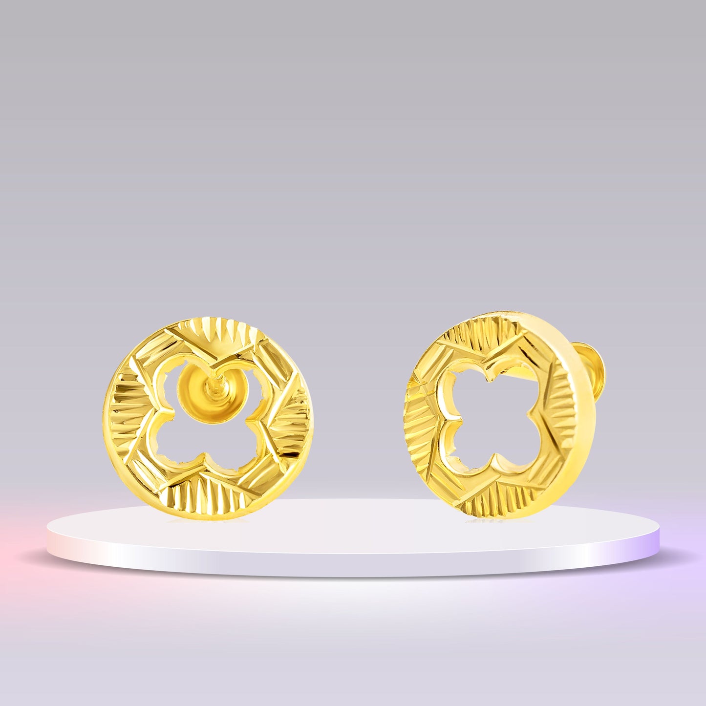 18K Pure Gold Round Hollow Flower Screw Earring Set