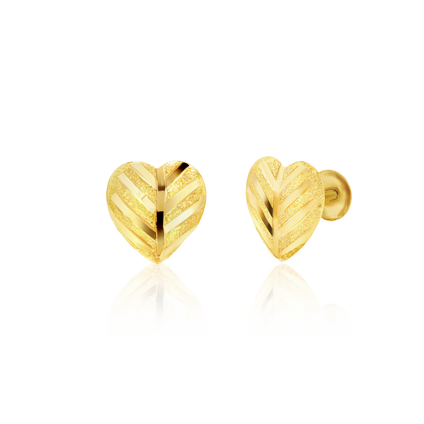 18K Pure Gold Heart Screw Earring Set
