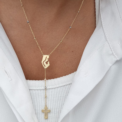 18K Pure Gold Elegant Mama Mary Cross Necklace