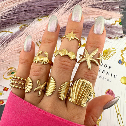 Starfish And Seashell Ring, 18K Gold Plated Steel