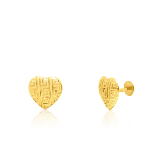 18K Pure Gold Heart Screw Earring Set
