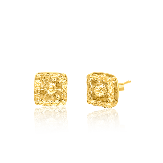 18K Pure Gold Square Flower Earring Set