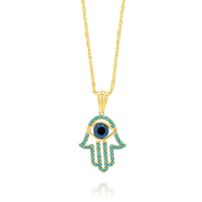18K Pure Gold Hamsa Palm Eye Necklace