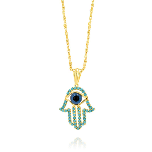 18K Pure Gold Hamsa Palm Eye Necklace