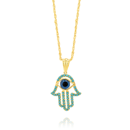 18K Pure Gold Hamsa Palm Eye Necklace