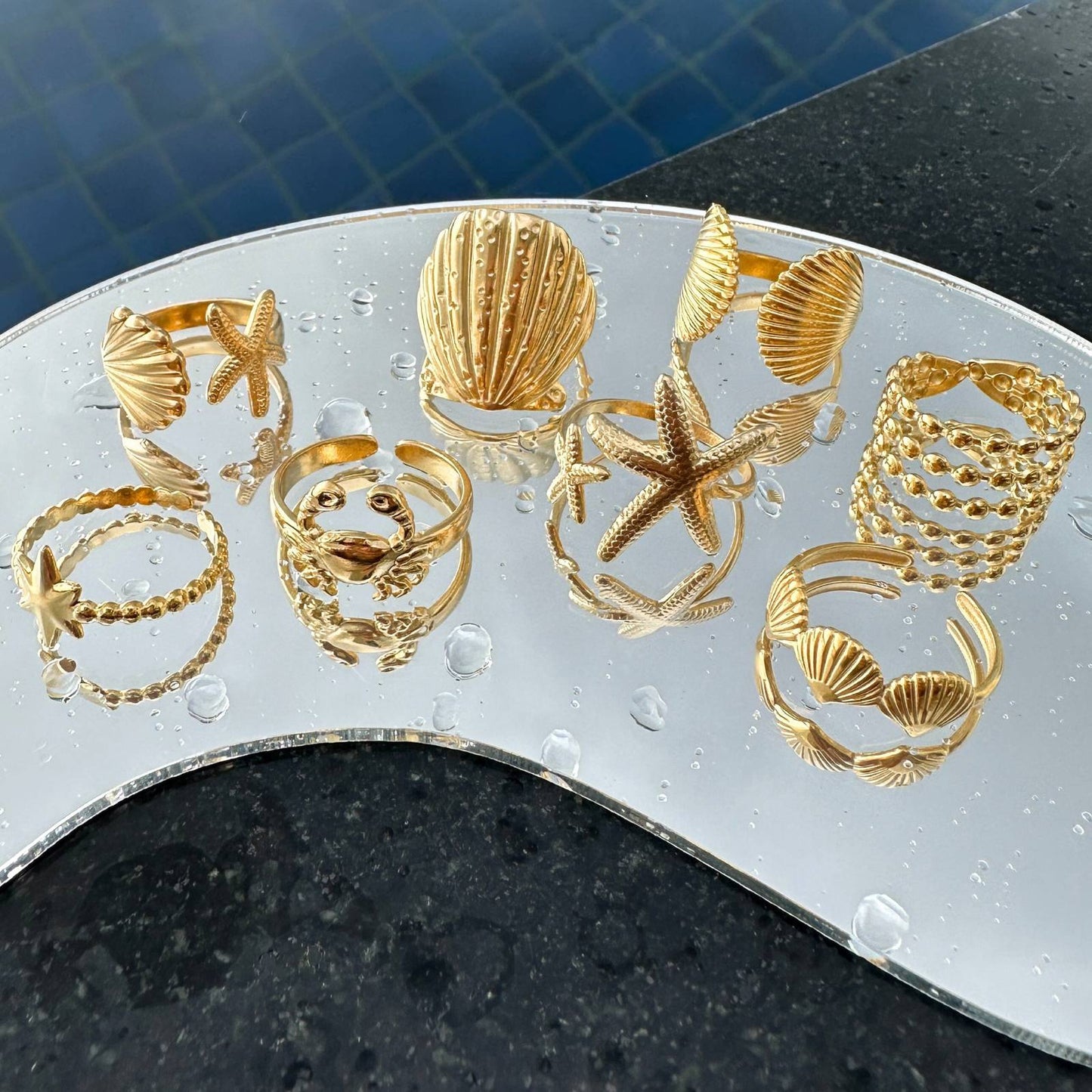 Starfish And Seashell Ring, 18K Gold Plated Steel