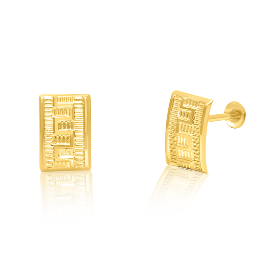 18K Pure Gold Curved Square Screw Earring Set