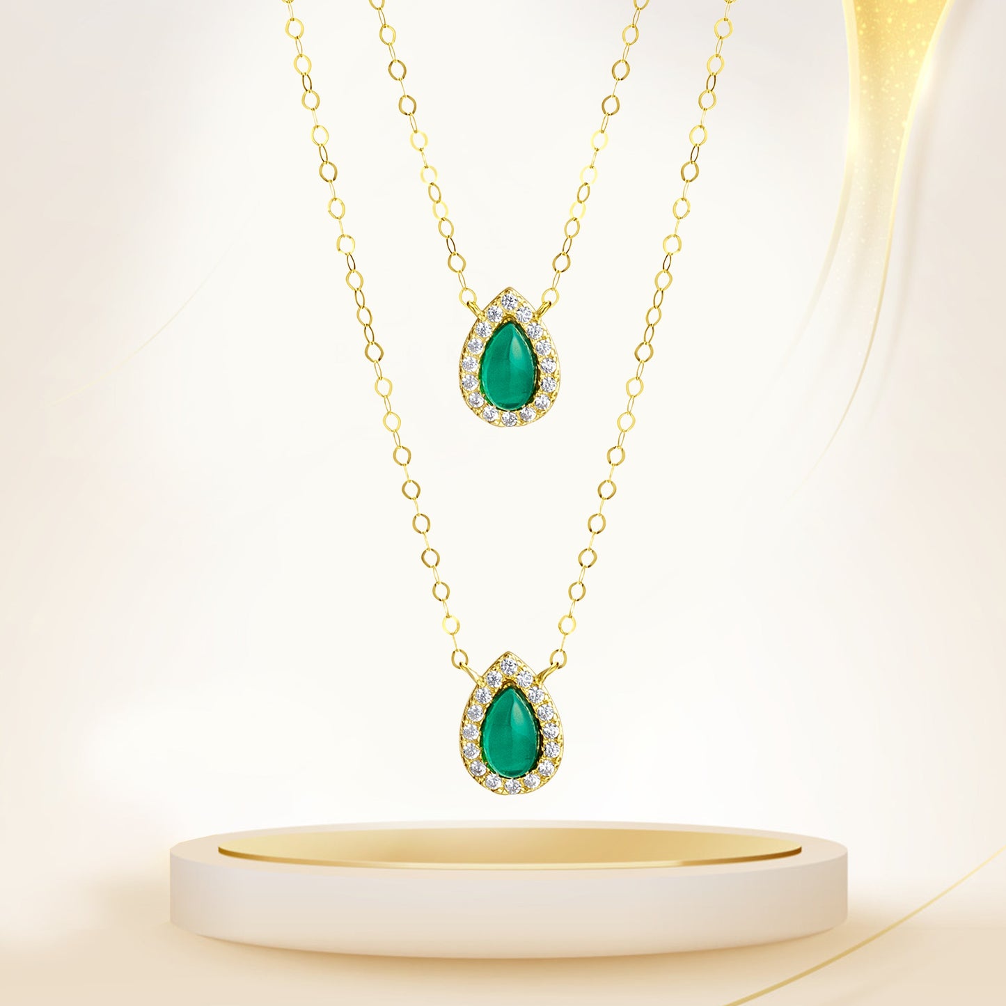 18K Pure Gold 2 Layer Green Stone Necklace