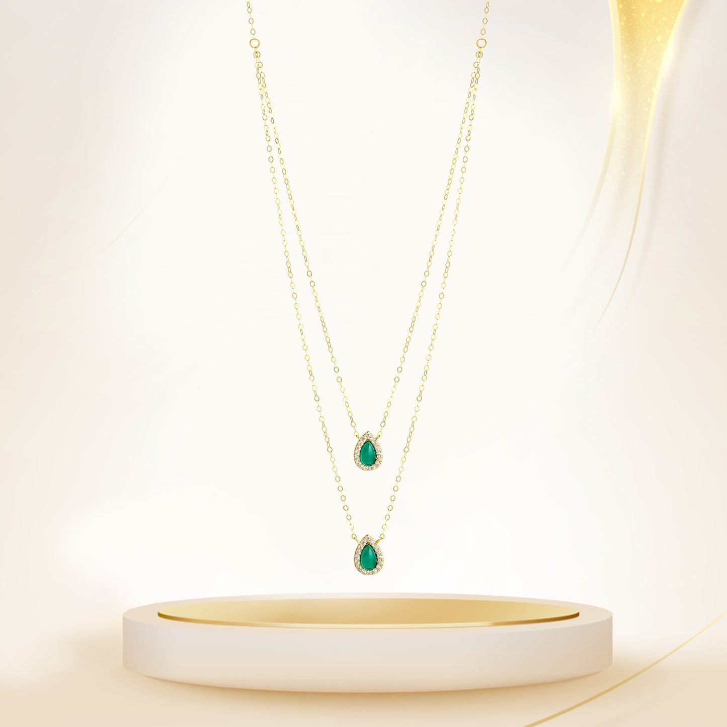 18K Pure Gold 2 Layer Green Stone Necklace