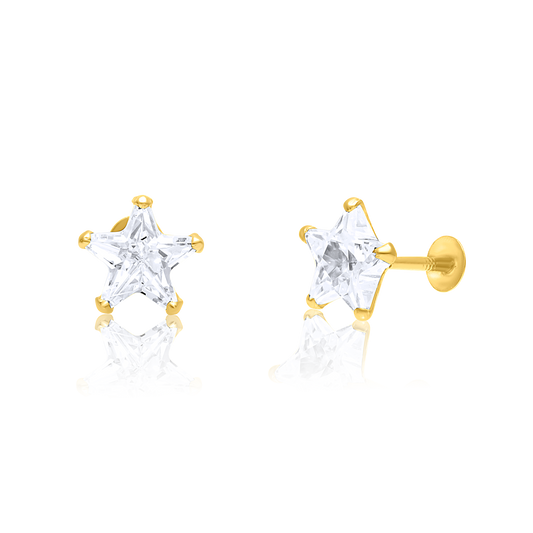 18K Pure Gold Star Stone Screw Earring Set