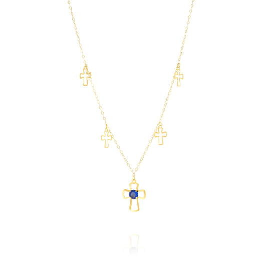 18K Pure Gold Blue Stone Cross Necklace