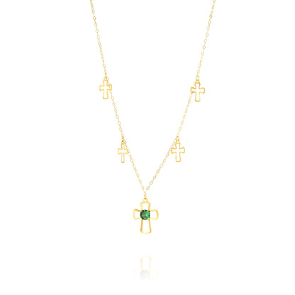 18K Pure Gold Green Stone Cross Necklace
