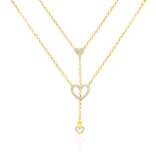 18K Pure Gold 2 Layer Hanging Heart Stone Necklace