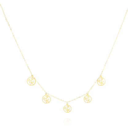 18K Pure Gold 5 Round Flower Necklace