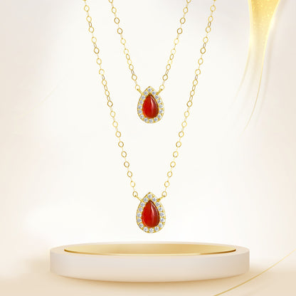 18K Pure Gold 2 Layer Red Stone Necklace