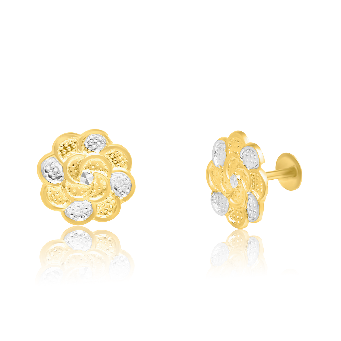 18K Pure Gold 2 Color Flower Screw Earrings