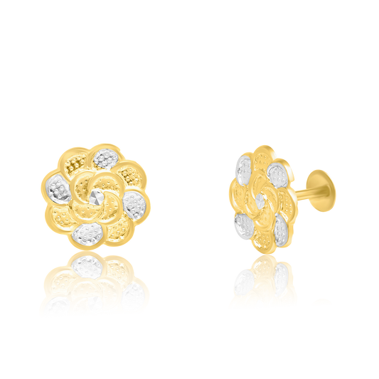 18K Pure Gold 2 Color Flower Screw Earrings