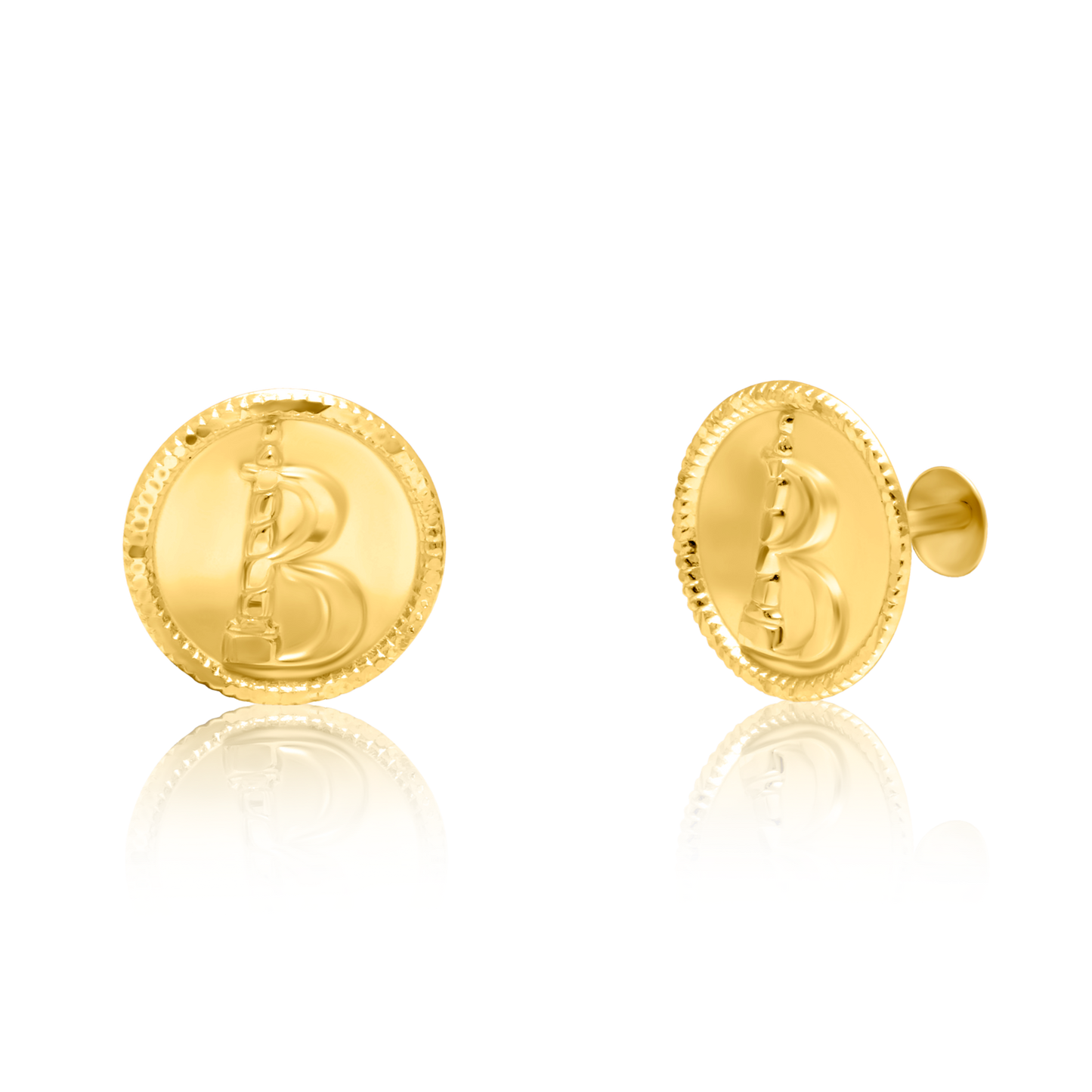 18K Pure Gold Round Letter B Screw Earring Set