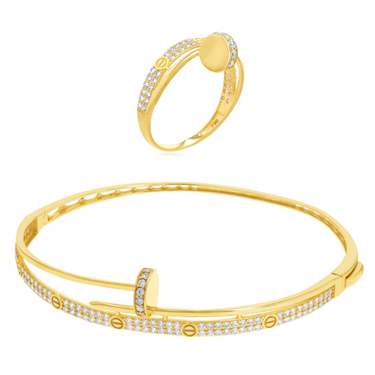 18K Pure Gold Elegant Stone Bangle & Ring