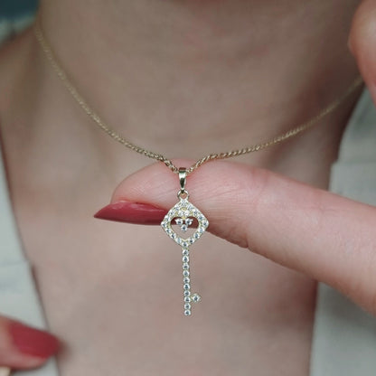 18K Pure Gold Key Design w/ Zircon Stone Necklace
