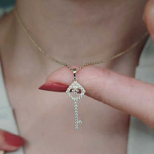 18K Pure Gold Key Design w/ Zircon Stone Necklace