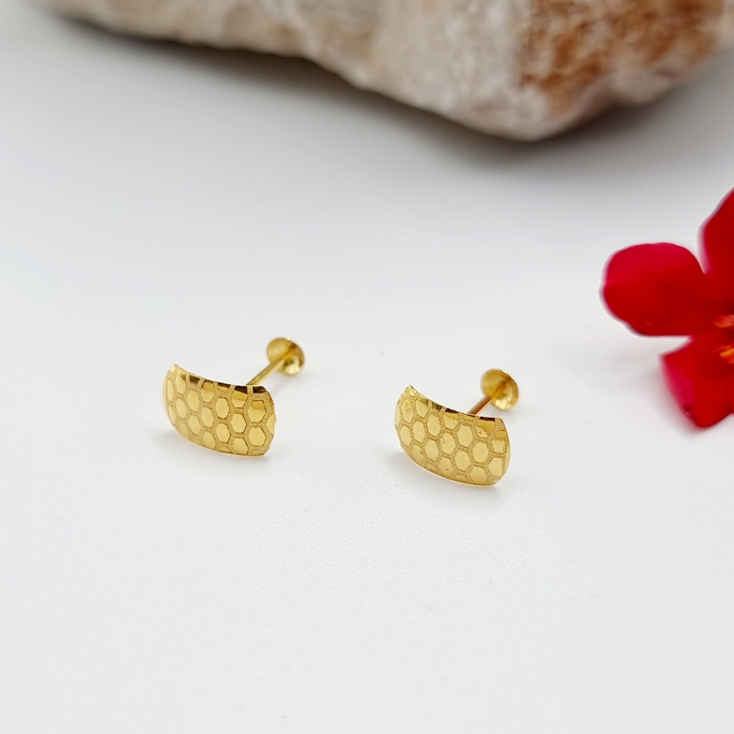 18K Pure Gold Hexagon Stud Earring Set