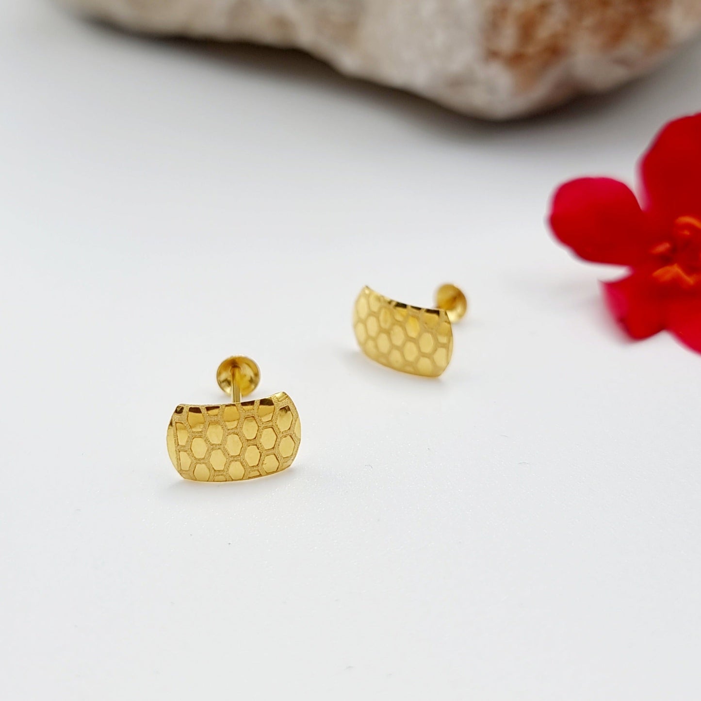 18K Pure Gold Hexagon Stud Earring Set