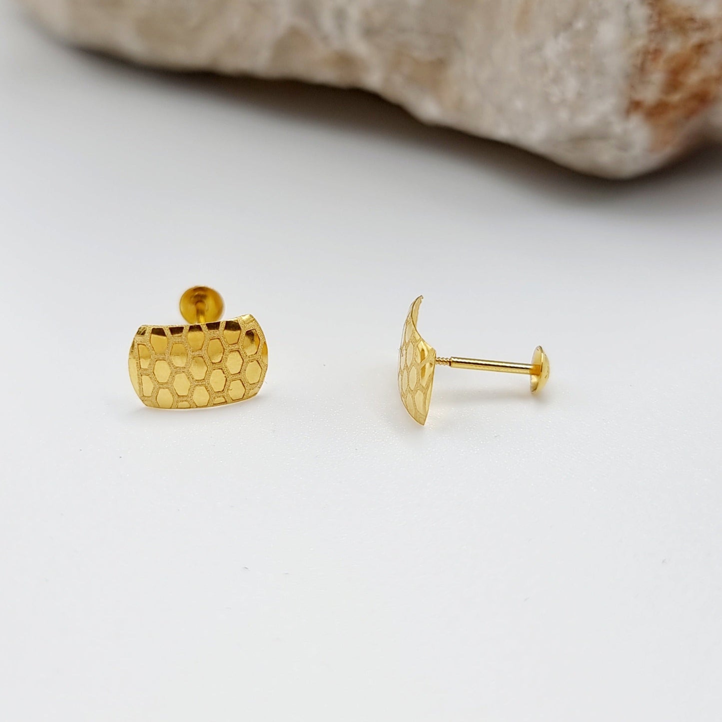 18K Pure Gold Hexagon Stud Earring Set