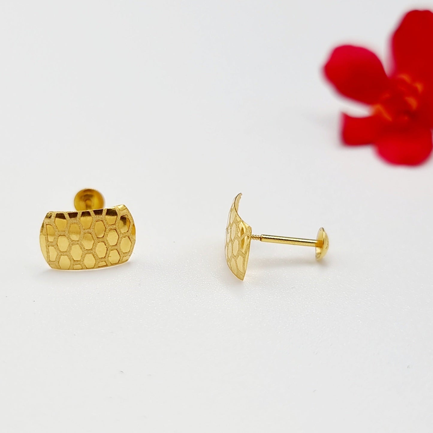 18K Pure Gold Hexagon Stud Earring Set