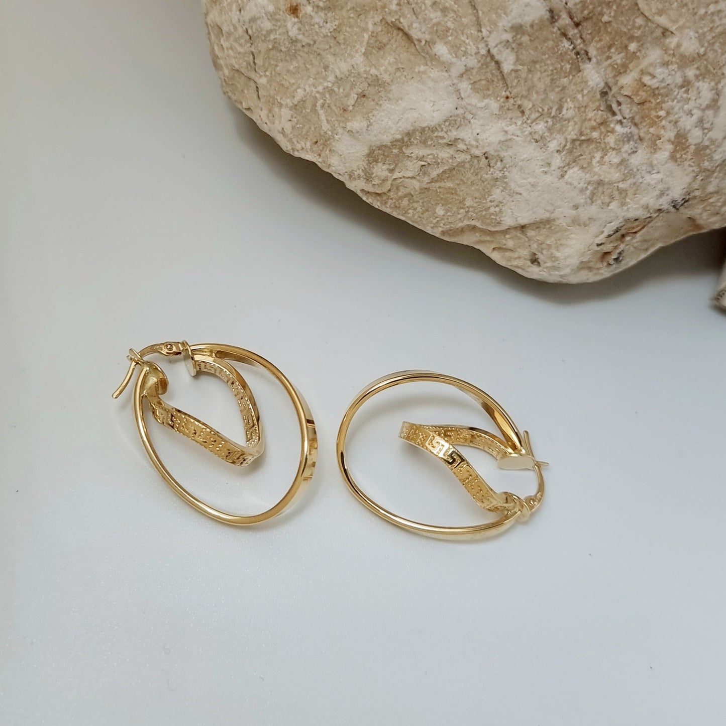 18K Pure Gold Double Oval Earring Set