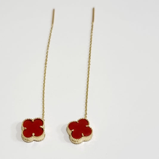 18K Pure Gold Dangling Red Flower Earring Set
