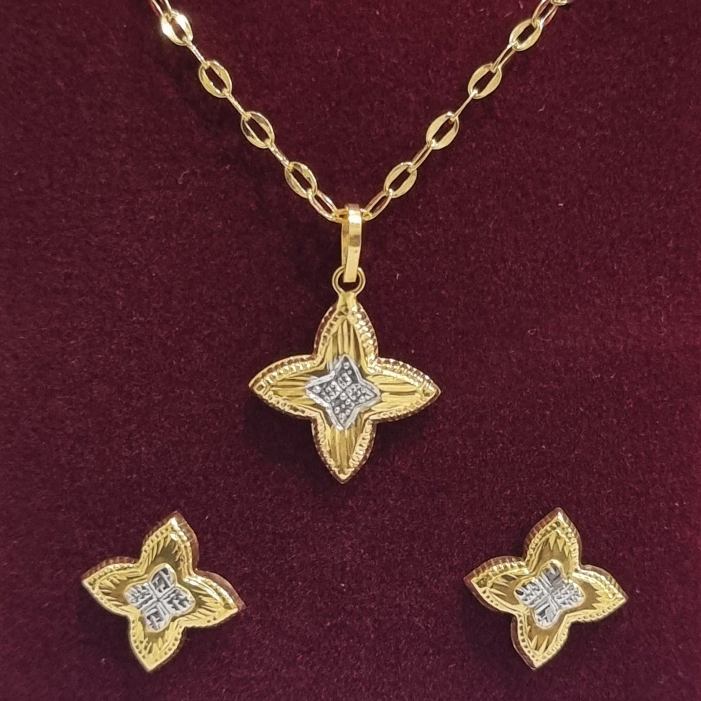 18K Pure Gold 2 Color Fine Flower Jewelry Set