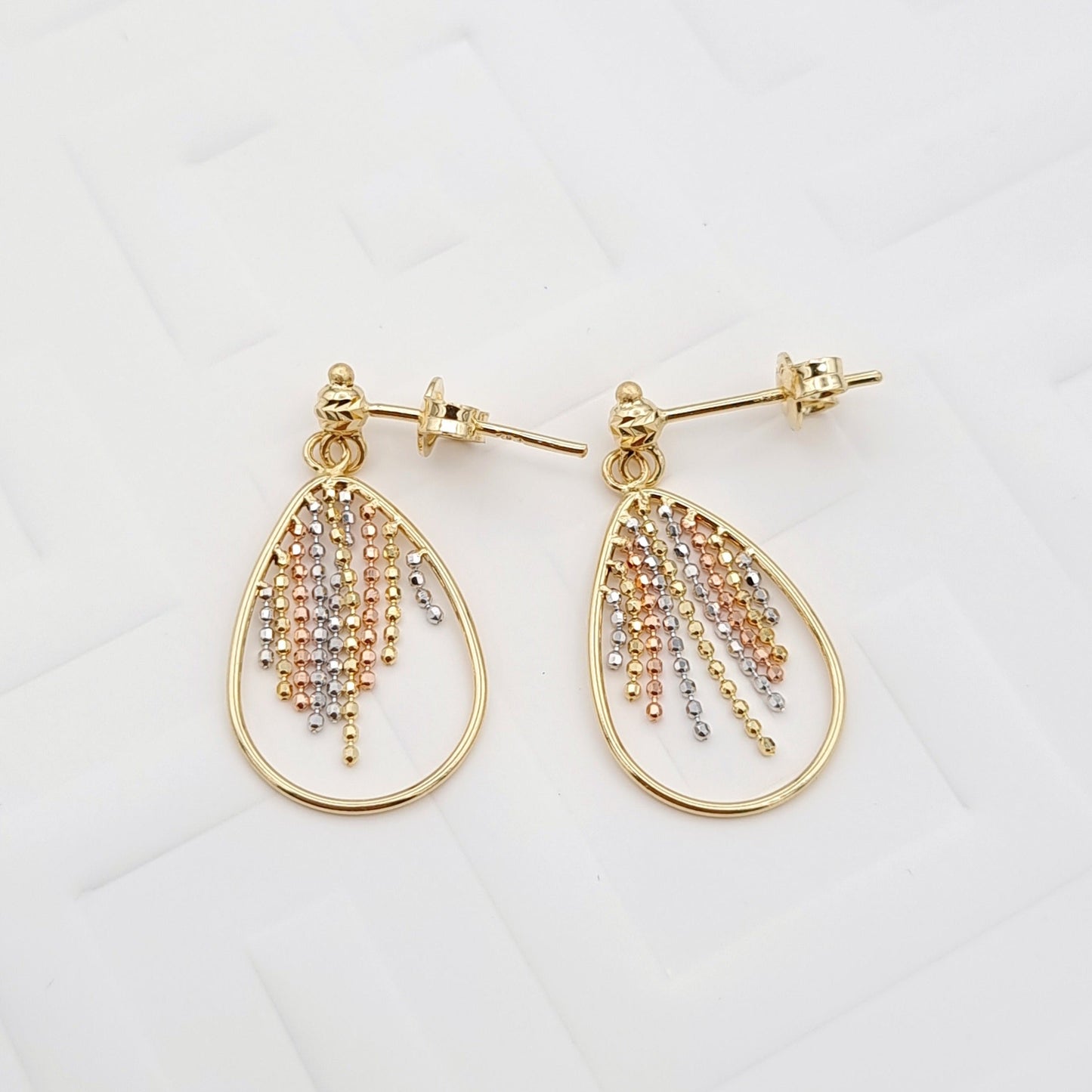 18K Pure Gold Hanging 3 Color Beads Earring Set