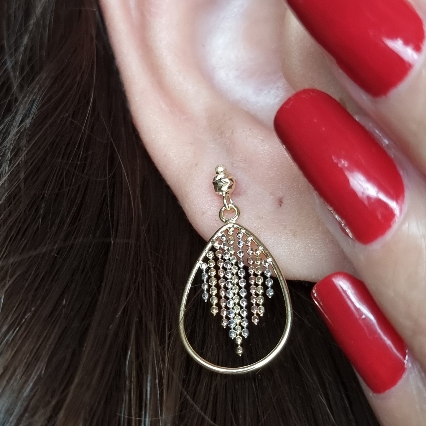 18K Pure Gold Hanging 3 Color Beads Earring Set