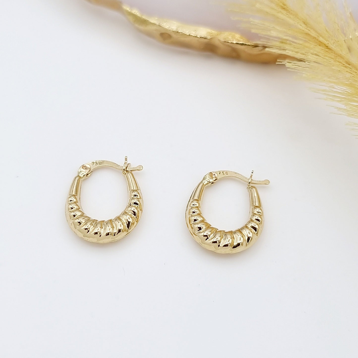 18K Pure Gold Oval Earring Set