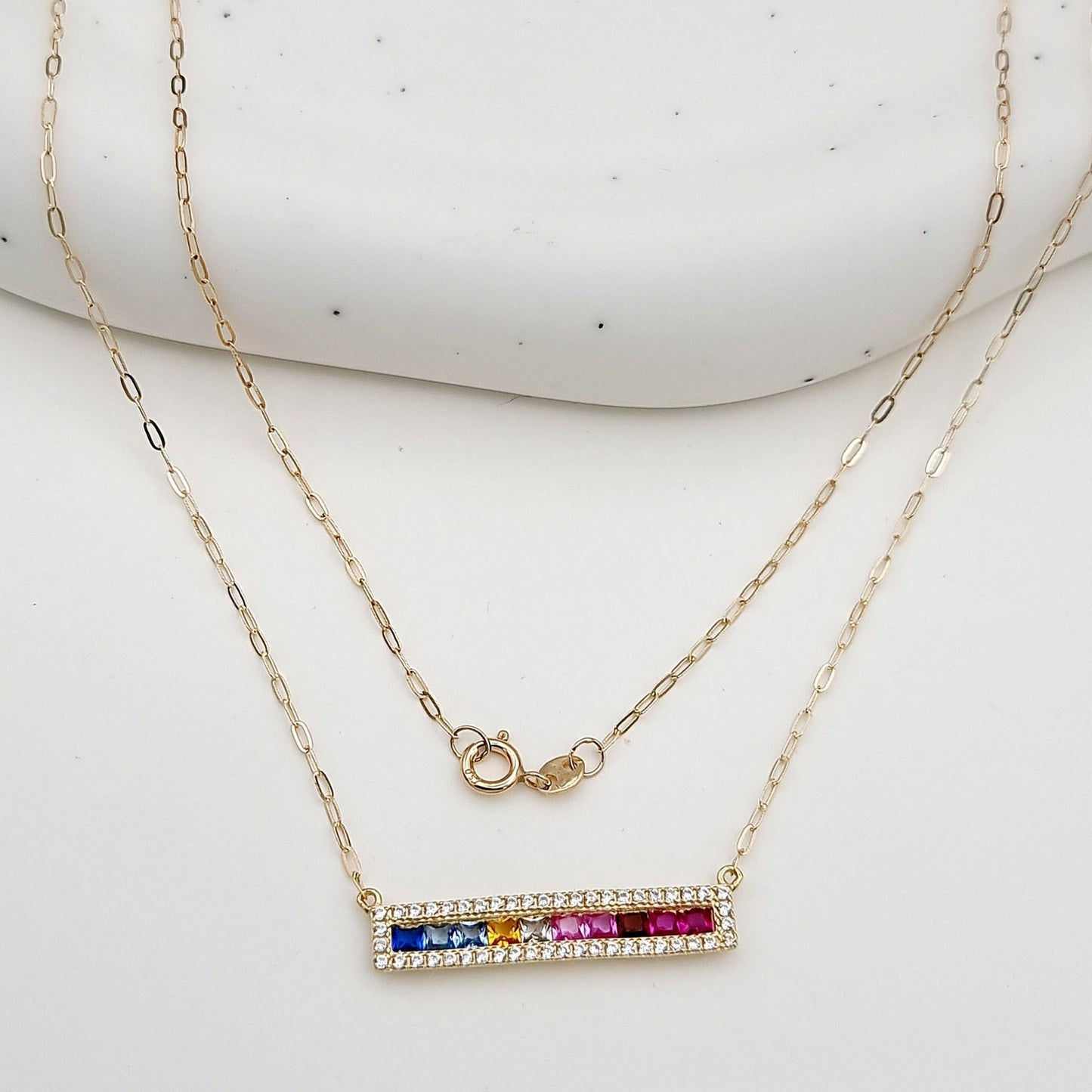 18K Pure Gold Multi Color Long Stone Necklace