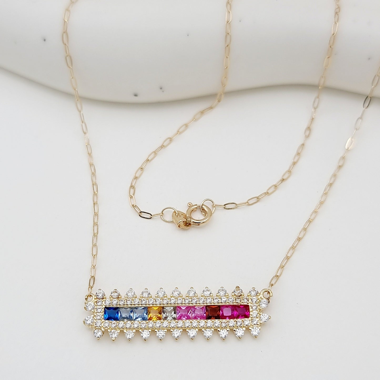 18K Pure Gold Multi Color Long Stone Necklace