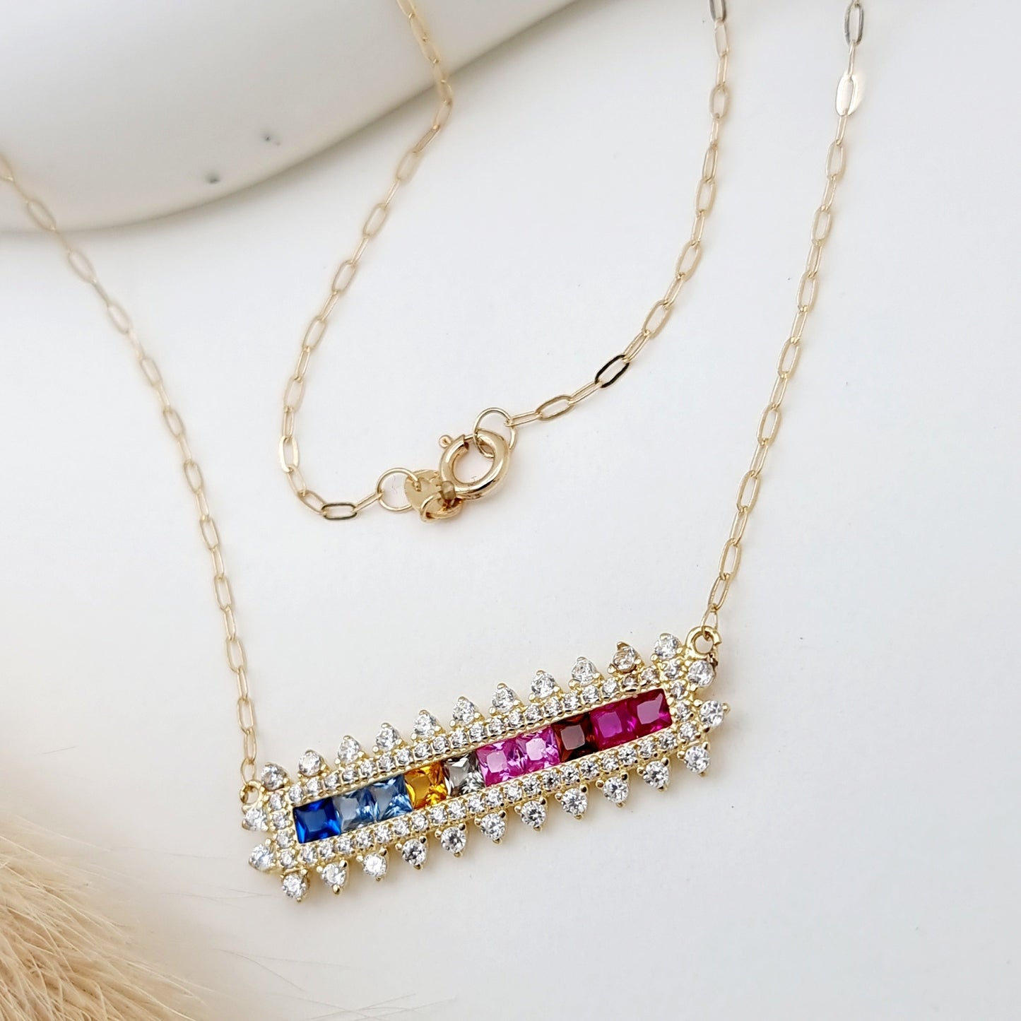 18K Pure Gold Multi Color Long Stone Necklace