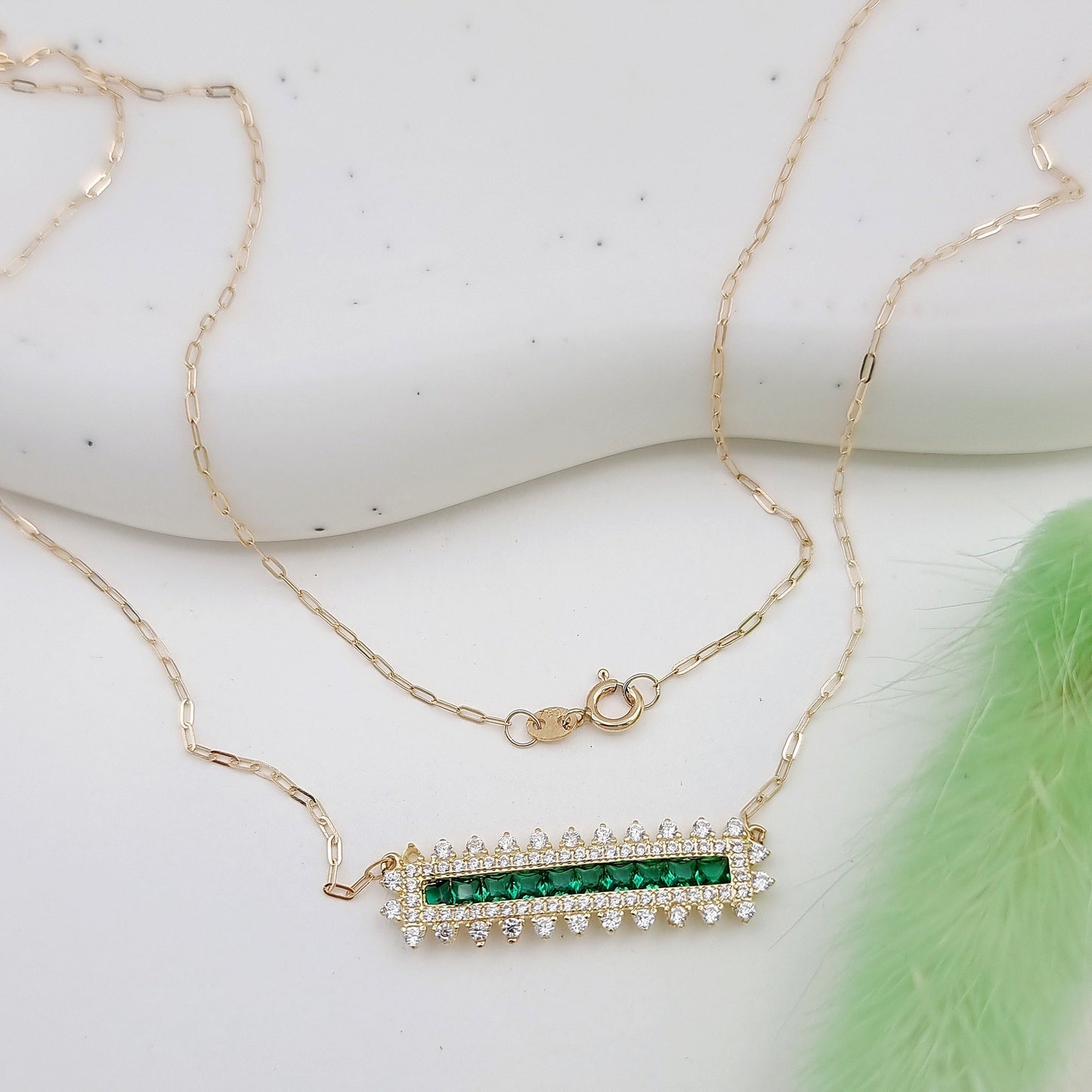 18K Pure Gold Green Long Stone Necklace